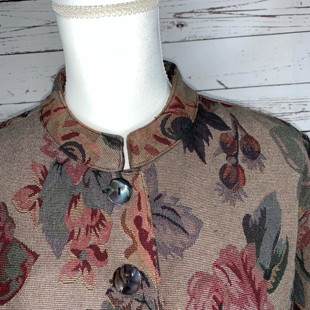 Chico's Floral Tapestry Button-Front Jacket in Taupe with Rose & Sage Accents - Picture 5 of 6